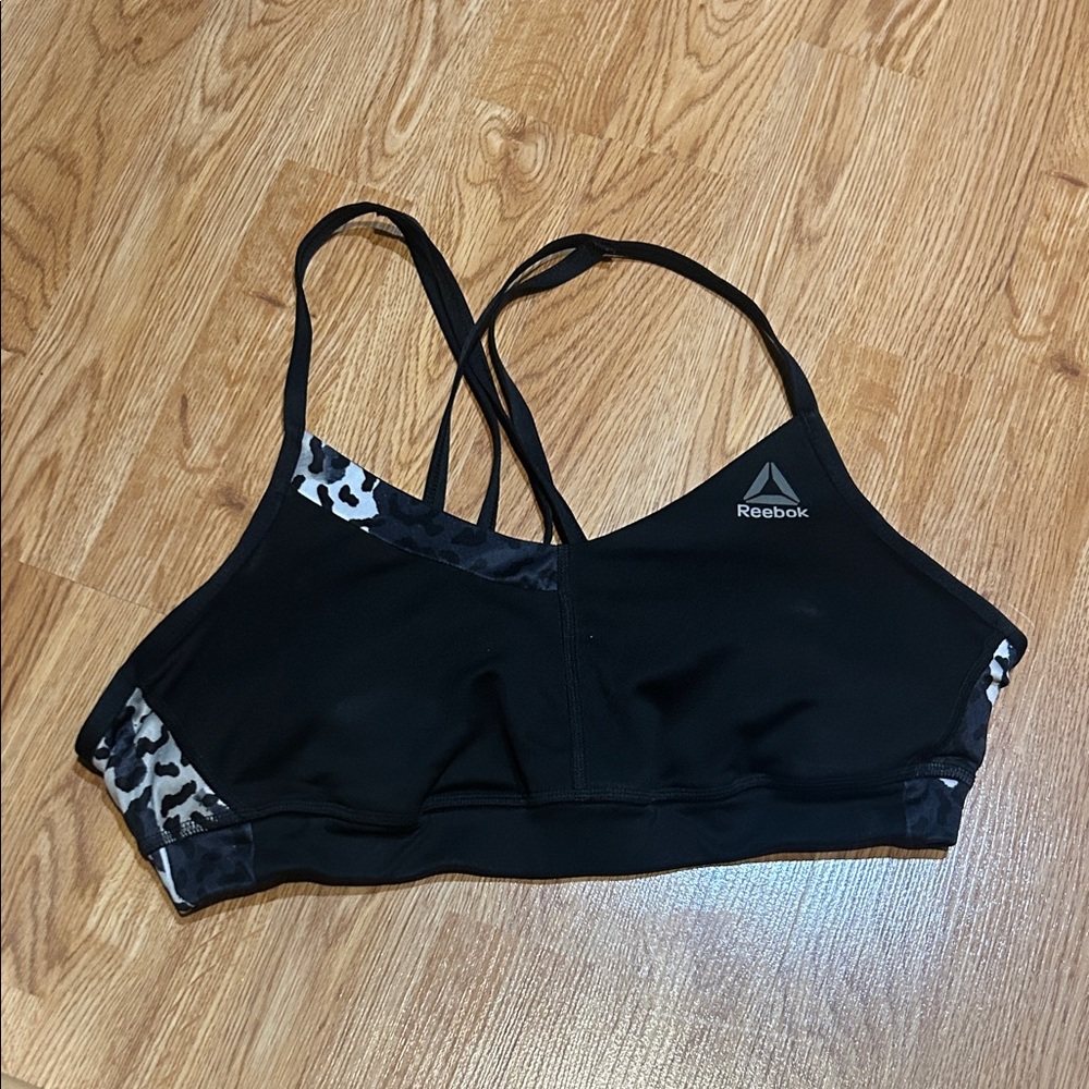 Reebok Black Sports Bra with Leopard Print Details